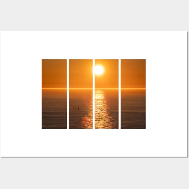 Wonderful landscapes in Norway. Nord-Norge. Beautiful scenery of a midnight sun sunset at Nordkapp (Cape North). Boat and globe on a cliff. Rippled sea and clear orange sky. Wall Art by fabbroni-art